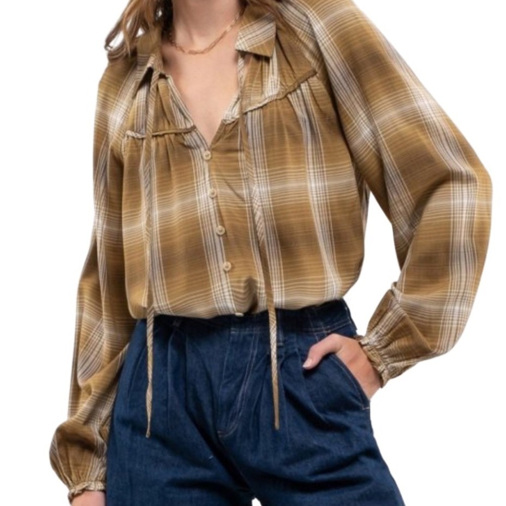 Blu Pepper NWT Plaid Tie Neck Long Sleeve Peasant Blouse Button Top Women Size S
